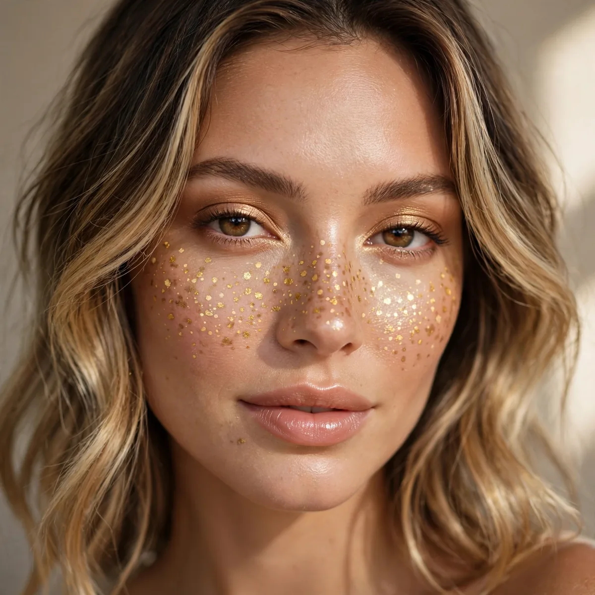 Golden faux freckles with balayage