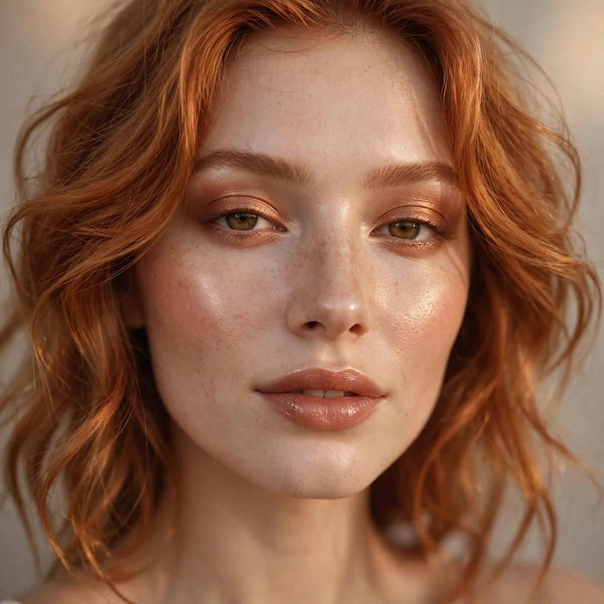 Soft bronze glow makeup with copper hair