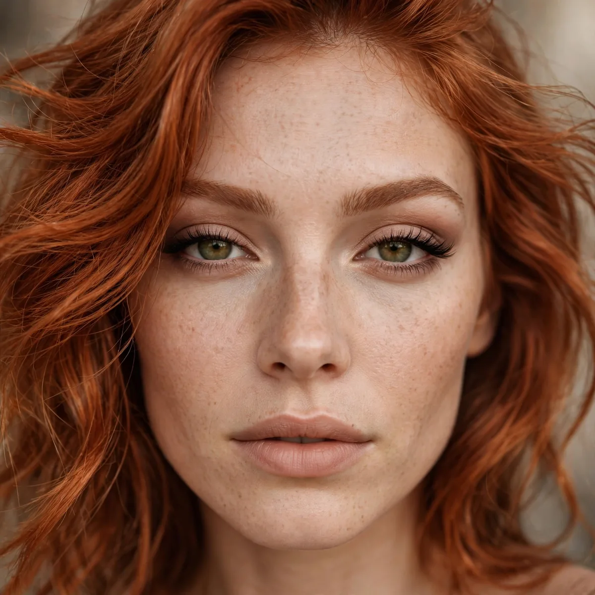 Nude defined eye makeup with copper hair