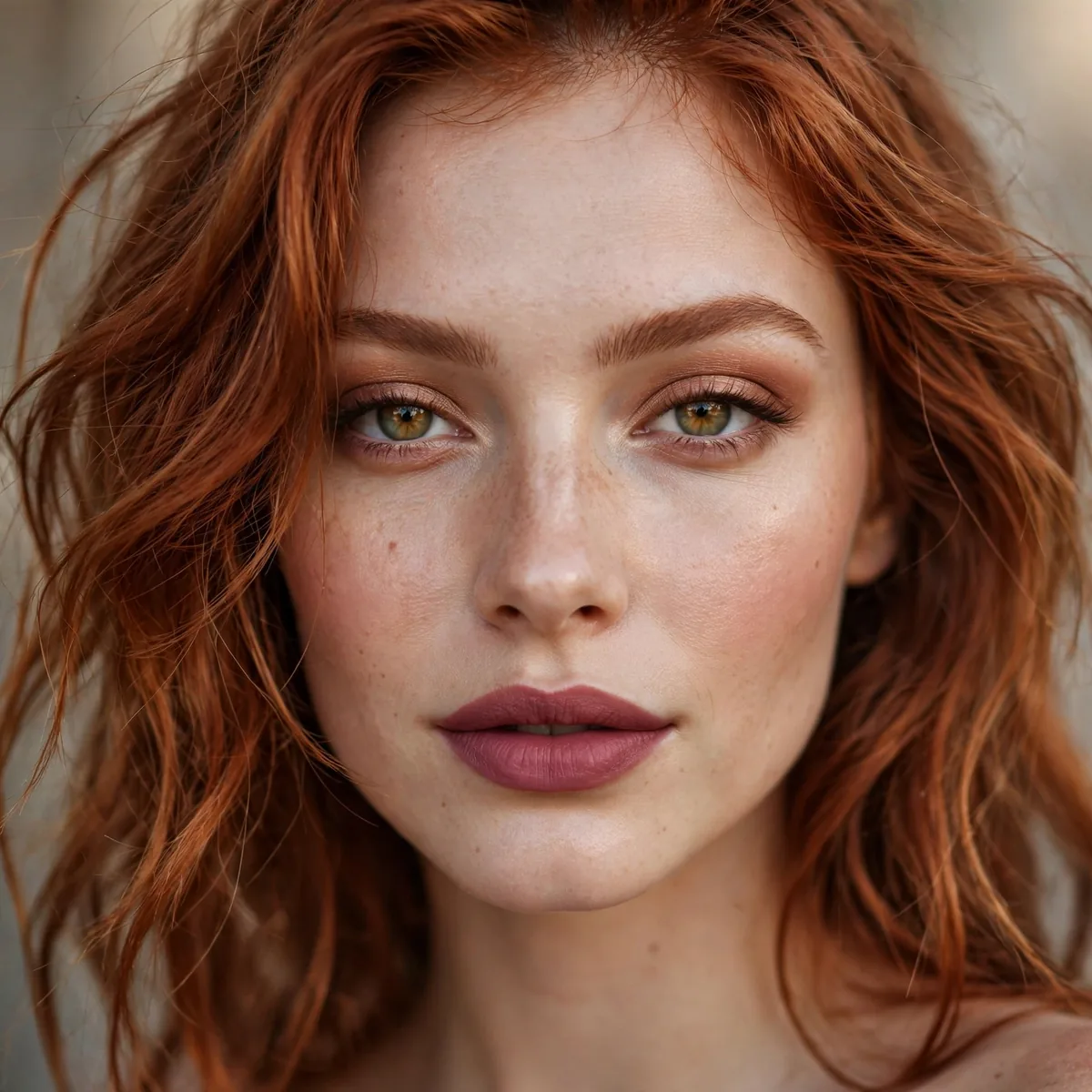 Muted berry lipstick with copper hair