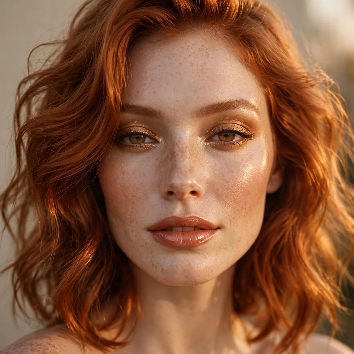 Golden hour glow makeup with copper hair