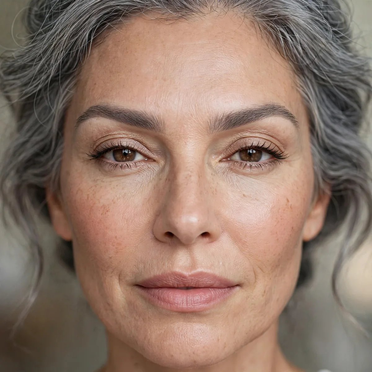 Well-defined eyebrows with gray hair