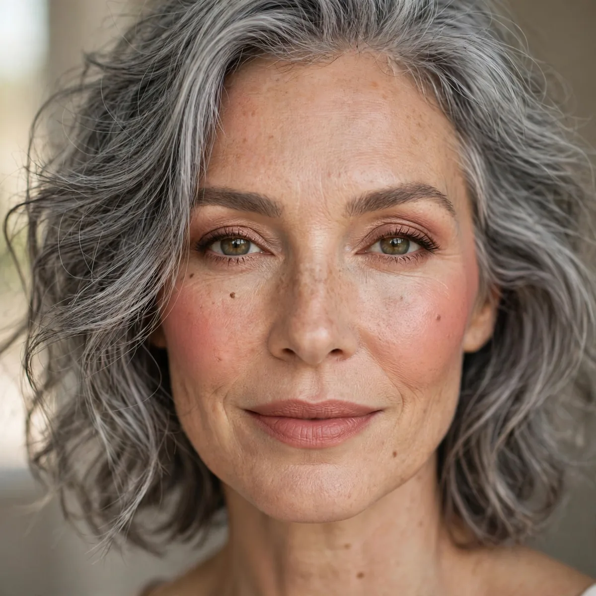 Warm blush makeup with gray hair
