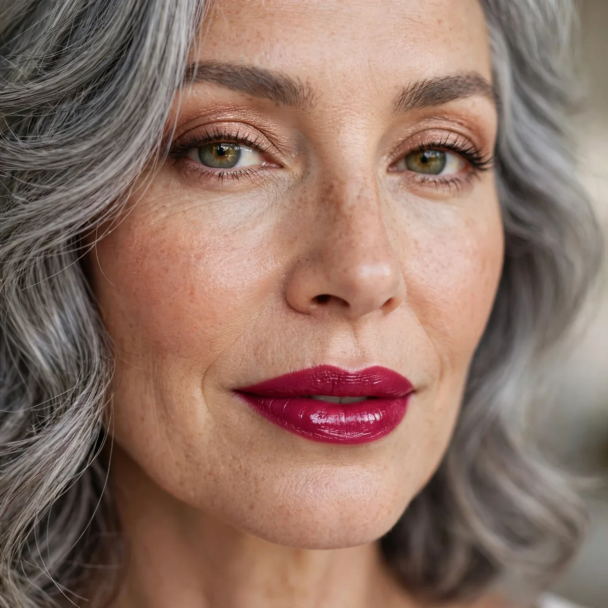 Berry lipstick with gray hair
