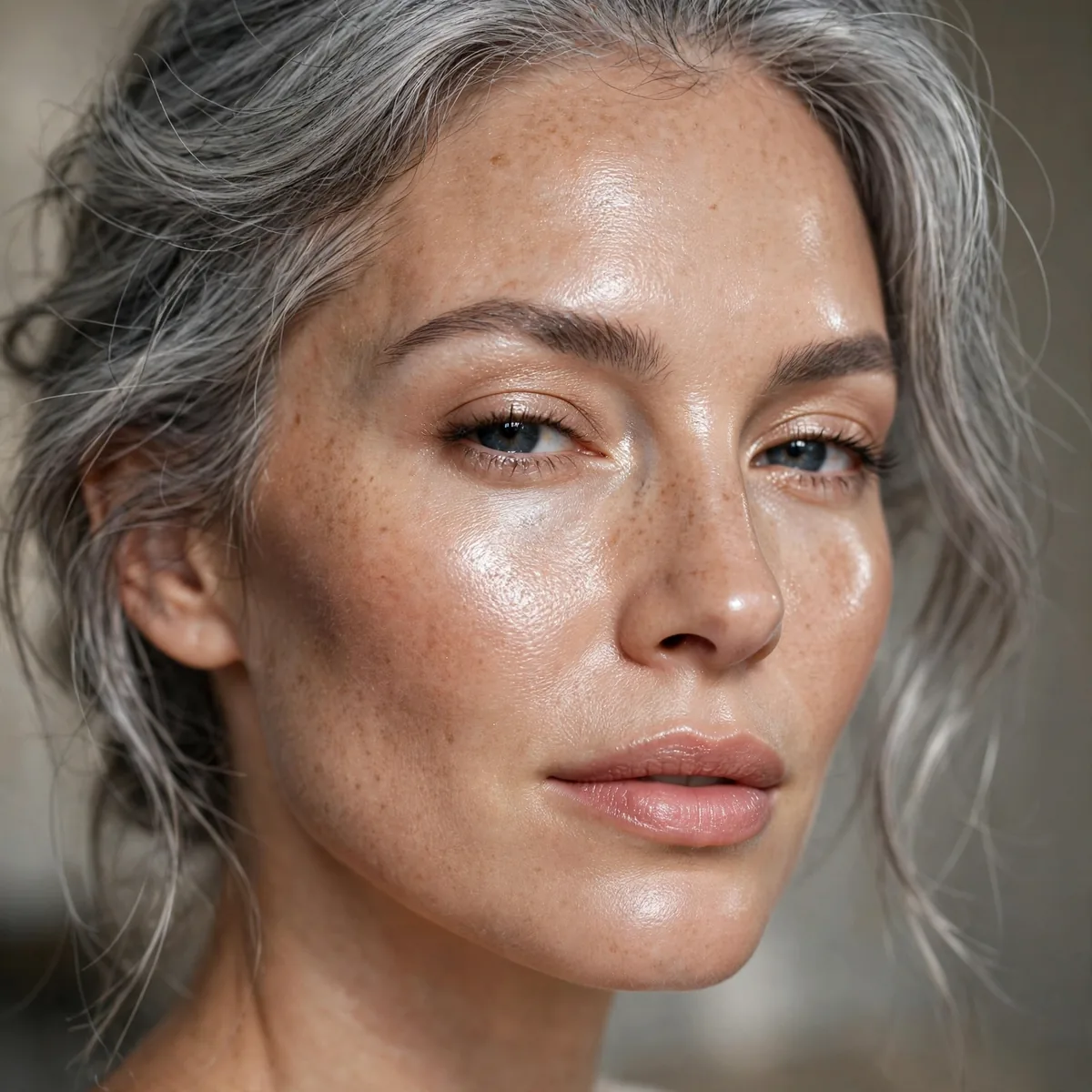 Luminous skin makeup with gray hair