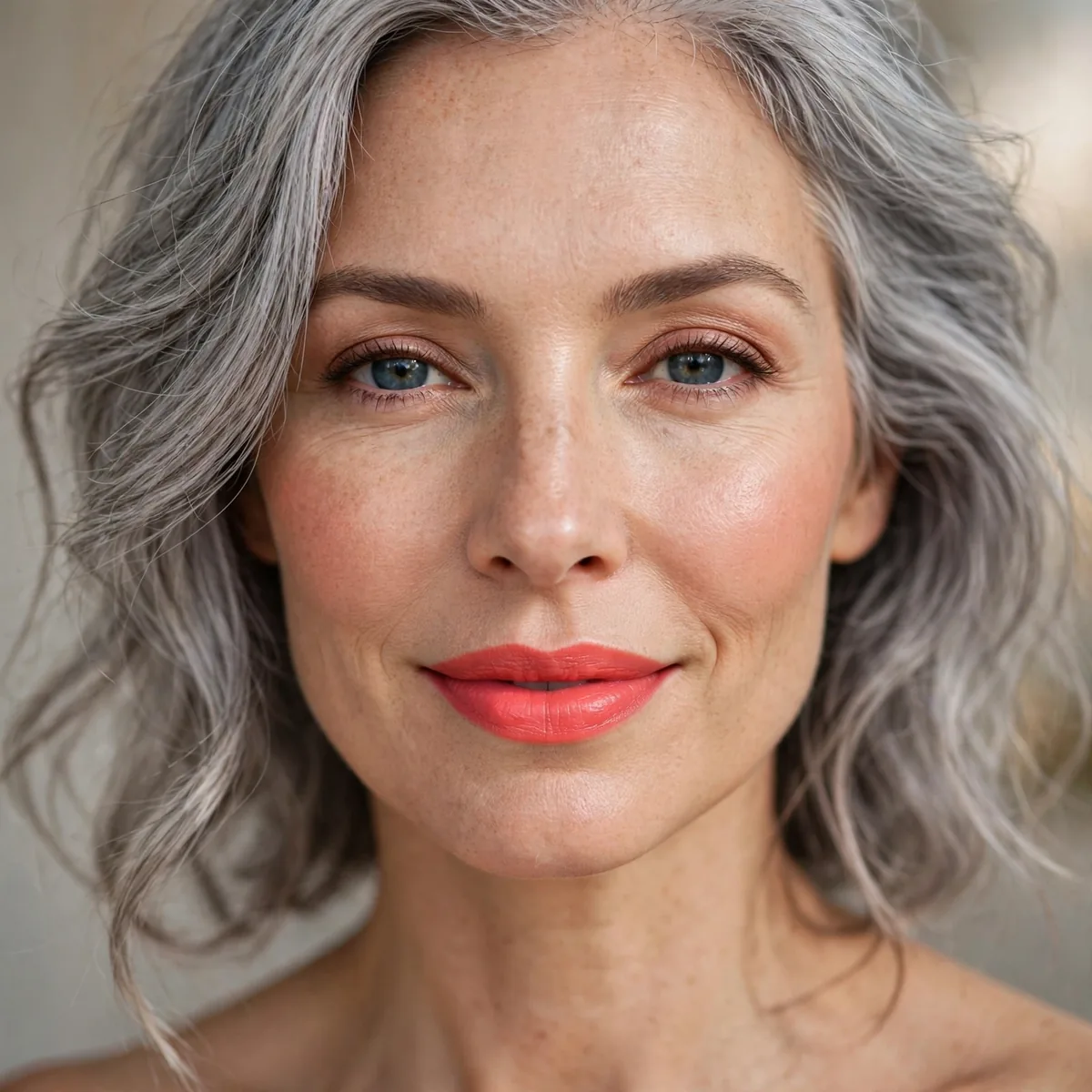Coral lipstick with gray hair