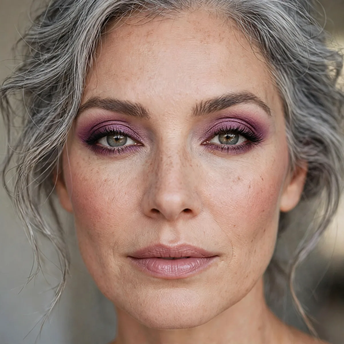 Plum accent eyeshadow with gray hair