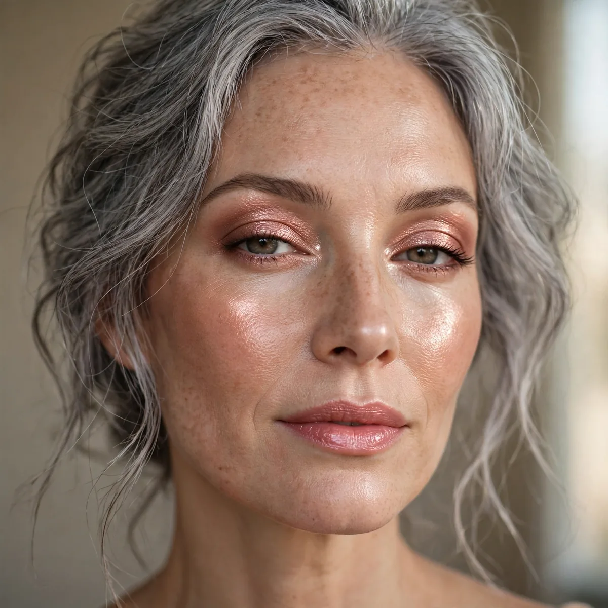 Rose gold glow makeup with gray hair