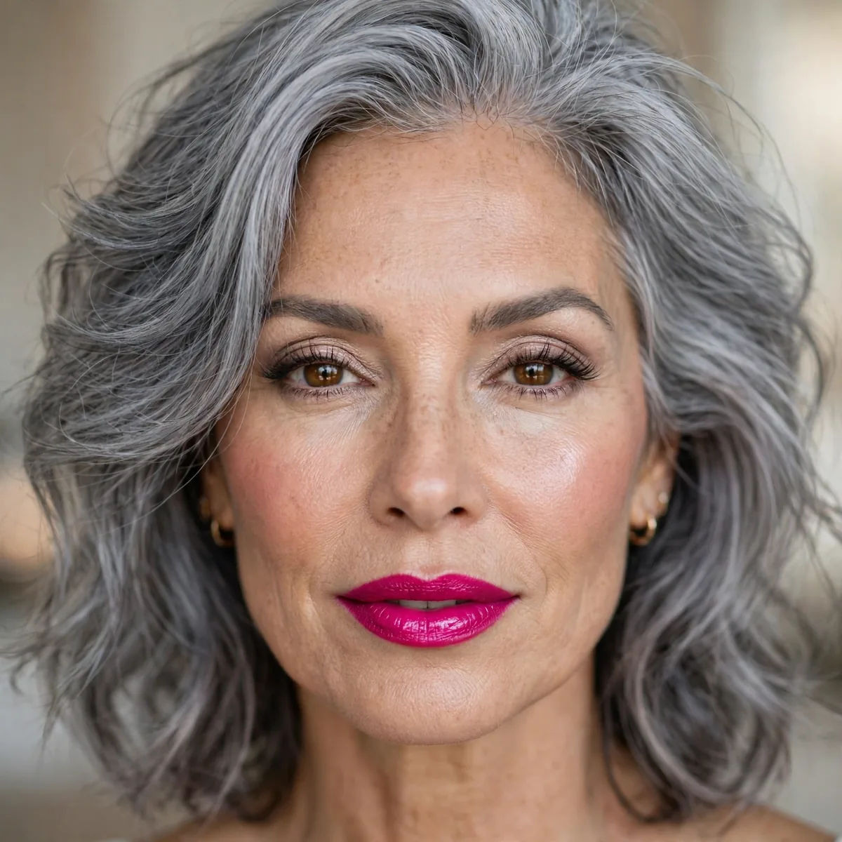 Fuchsia lipstick with gray hair