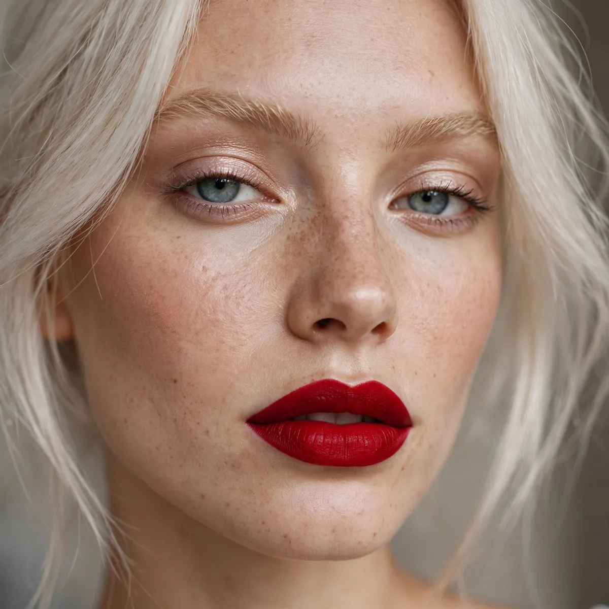 Bold red lipstick with platinum hair