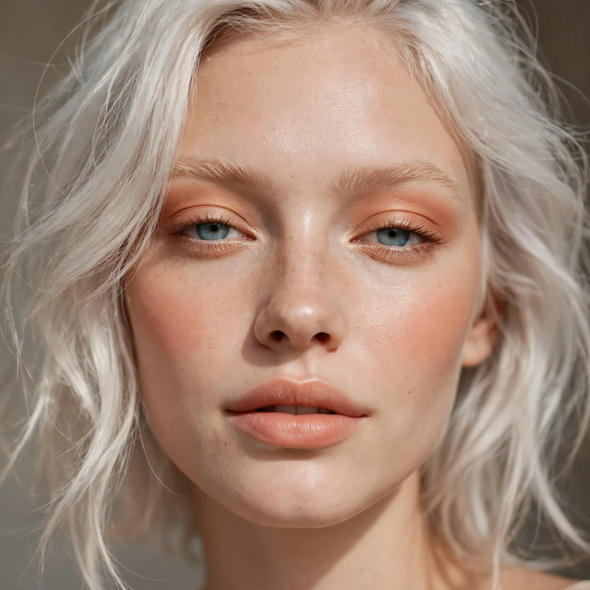 Peachy warm makeup with platinum hair