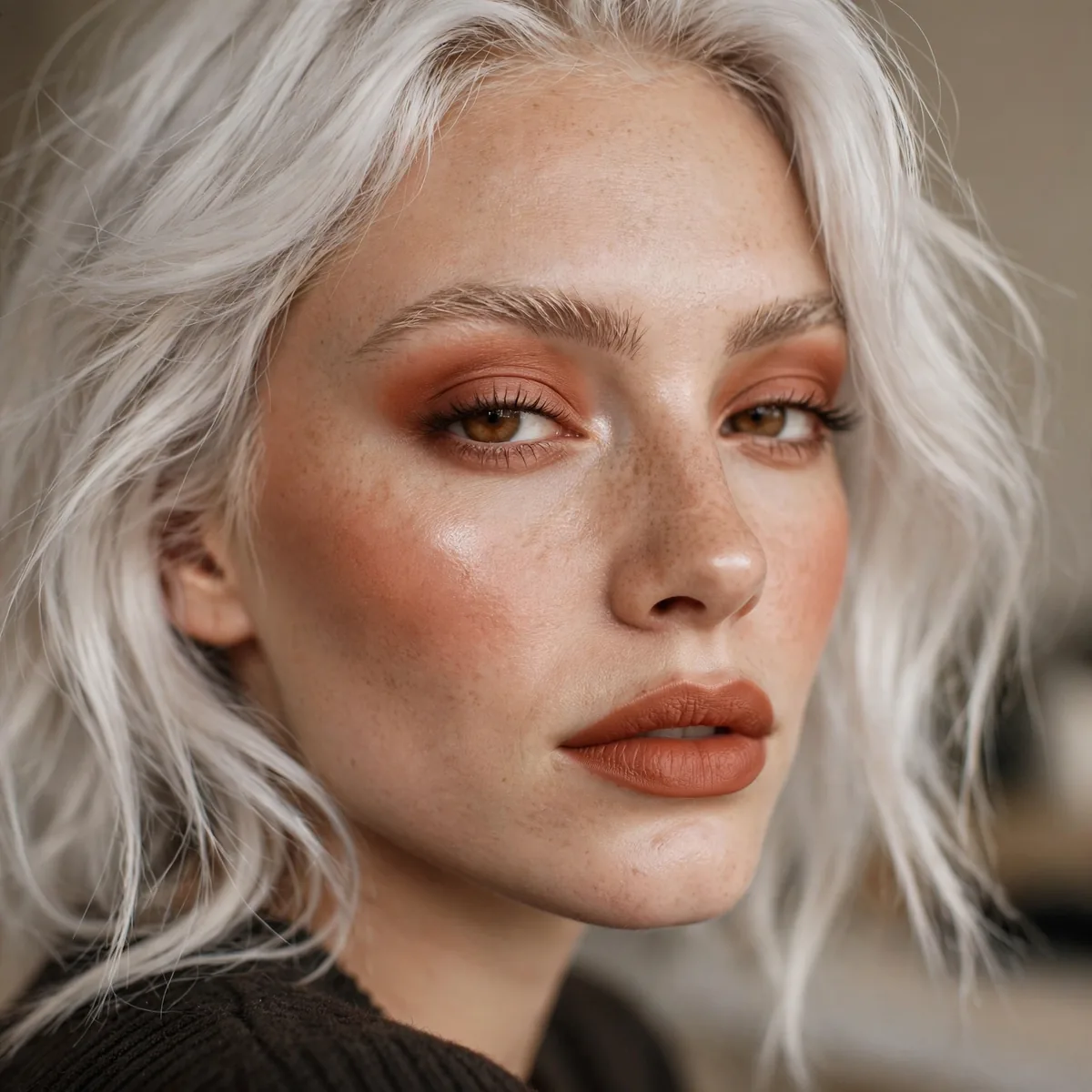 Terracotta warm makeup with platinum hair