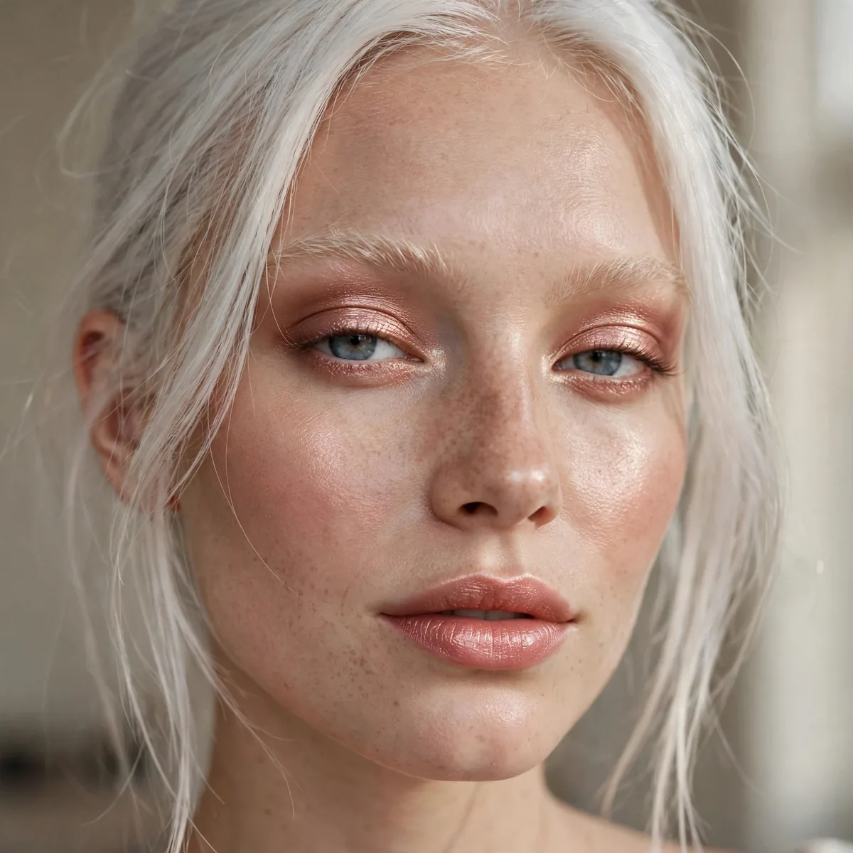 Rose gold makeup harmony with platinum hair