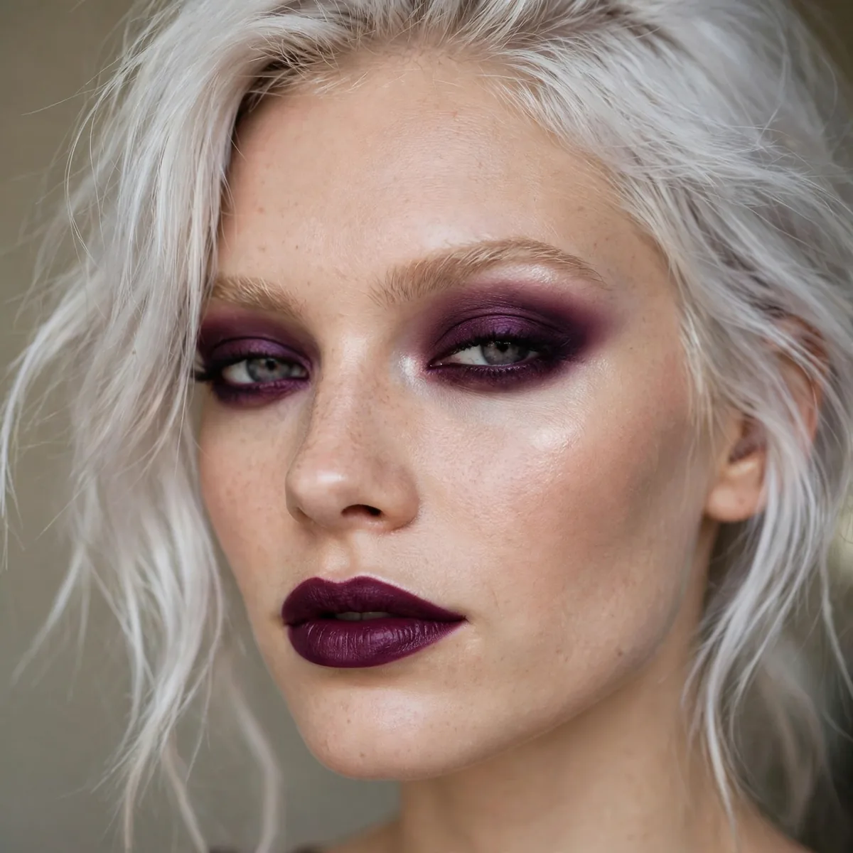 Deep plum makeup with platinum hair
