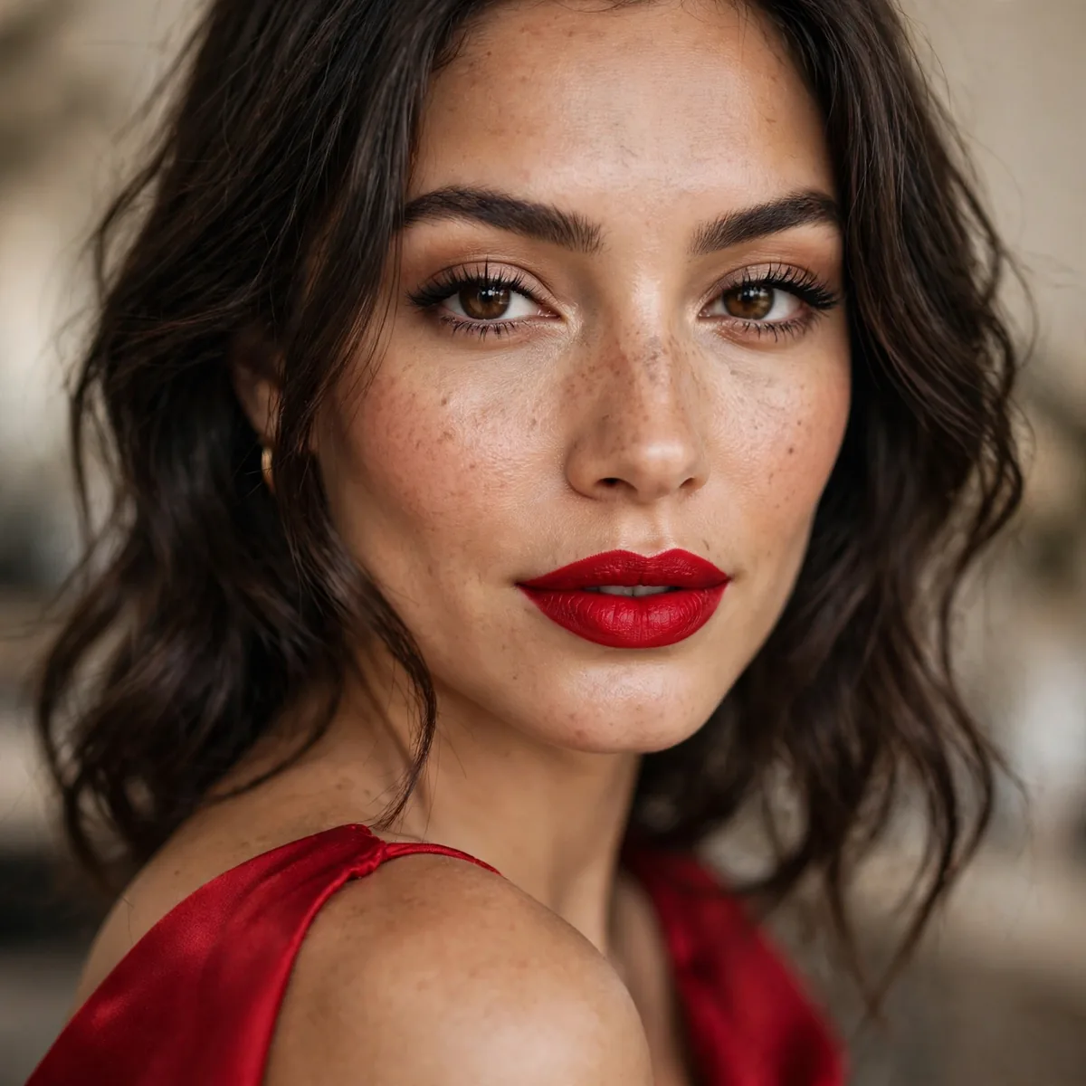 Matching red lipstick with red dress