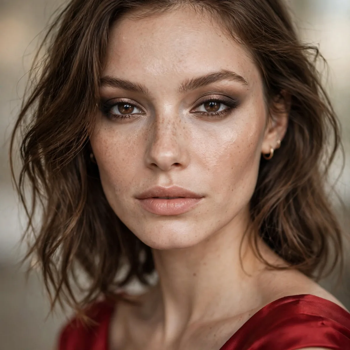 Neutral smoky eye with red dress