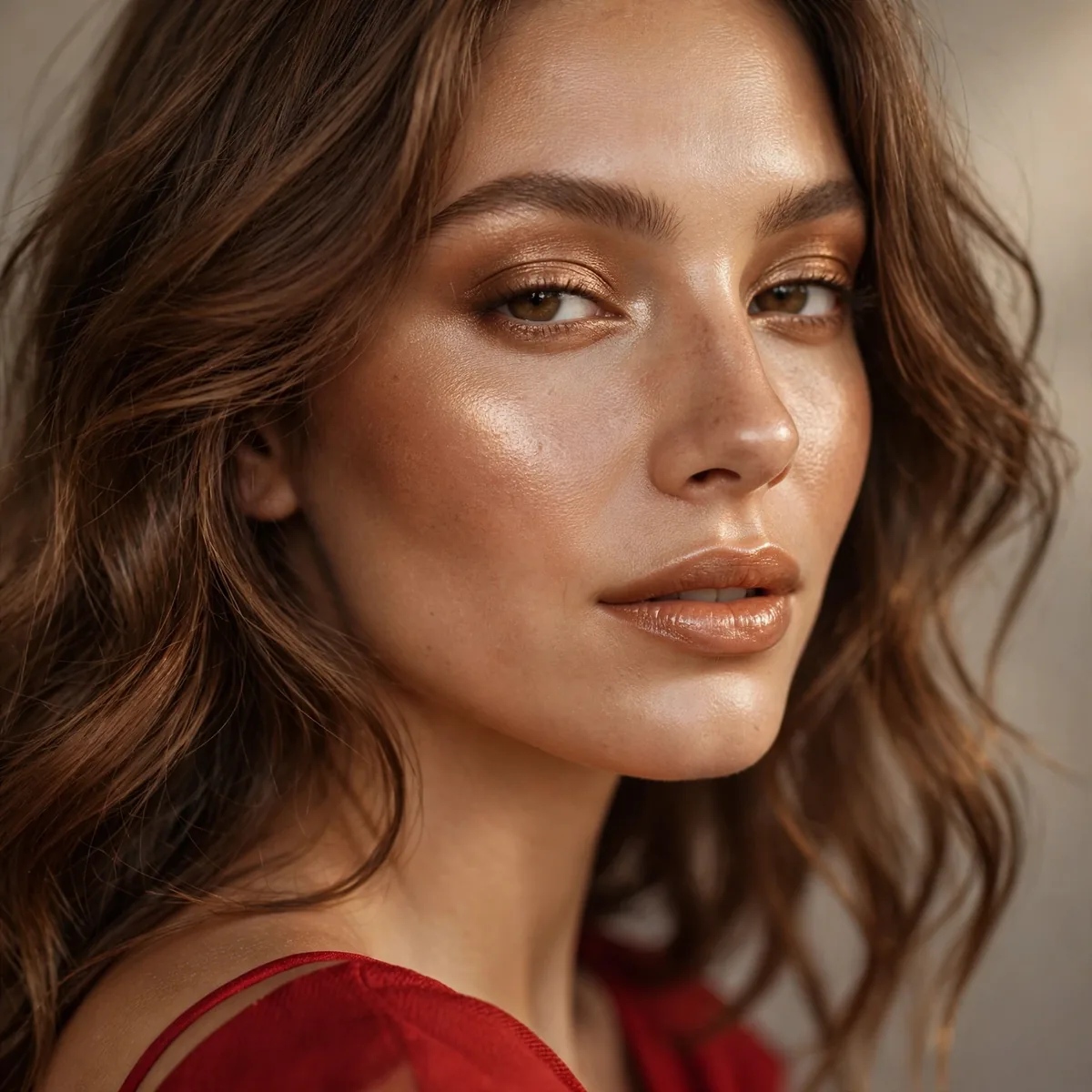 Bronze glow makeup with red dress