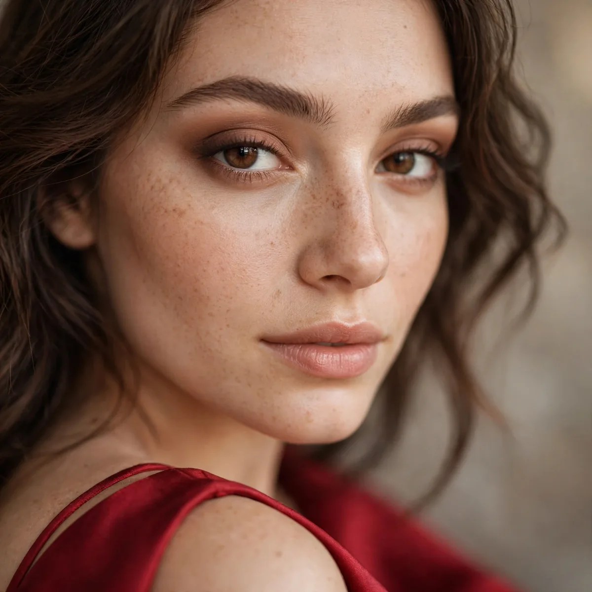 Soft brown eye makeup with red dress