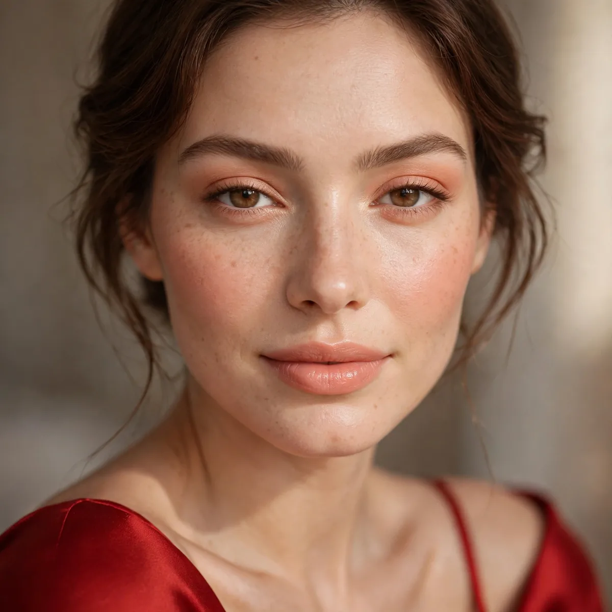 Peach soft makeup with red dress