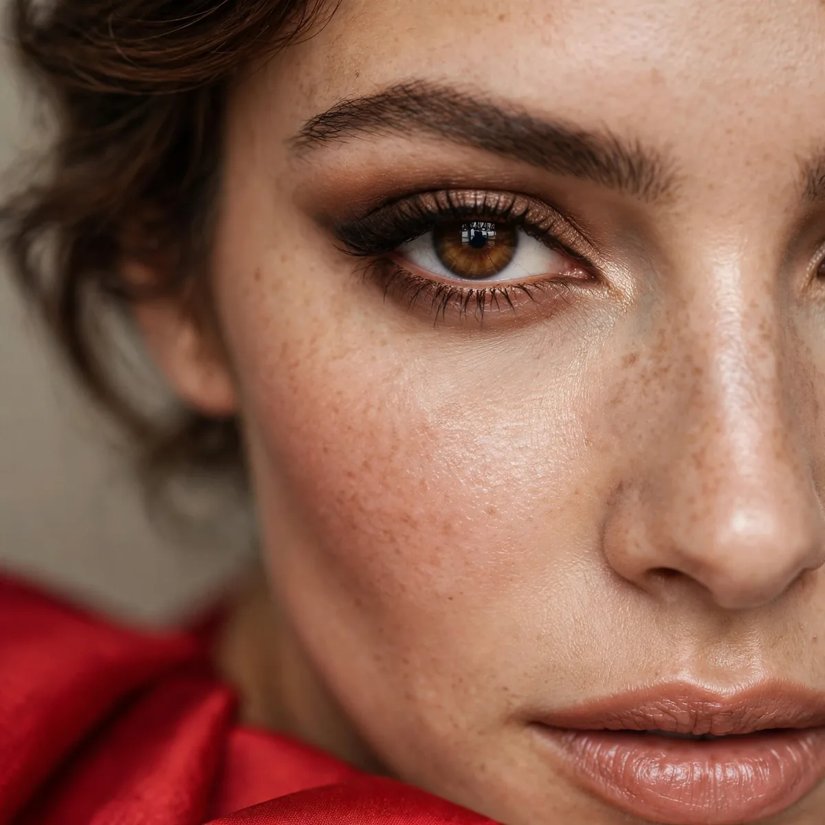 Espresso defined eye with red dress