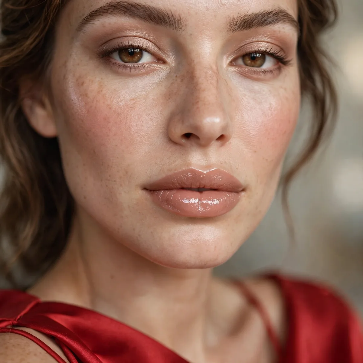 Glossy nude lips with red dress