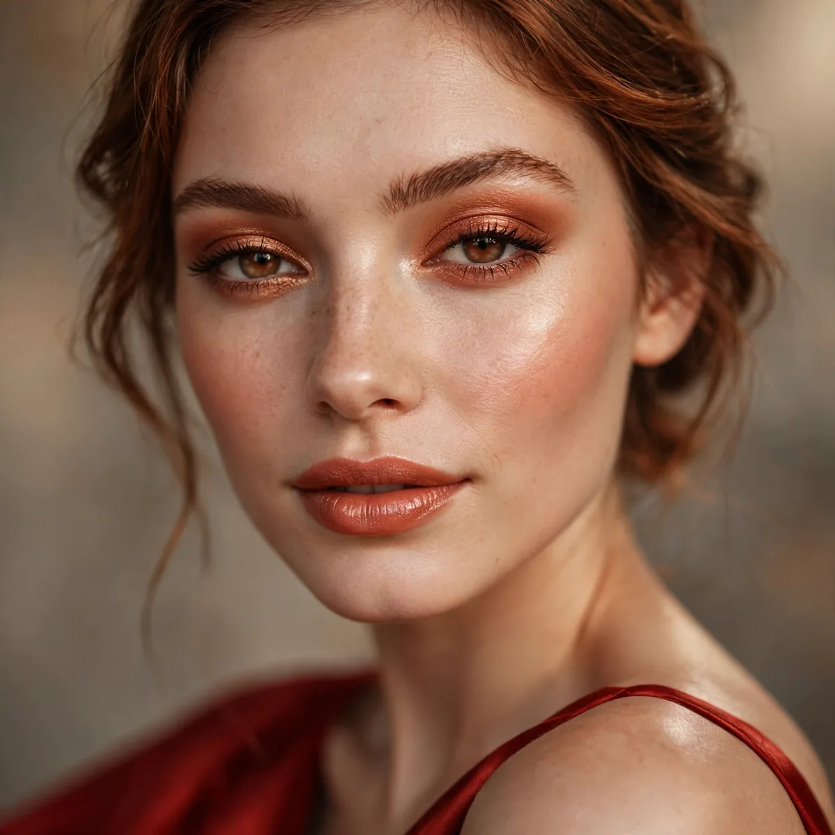 Copper warm makeup with red dress