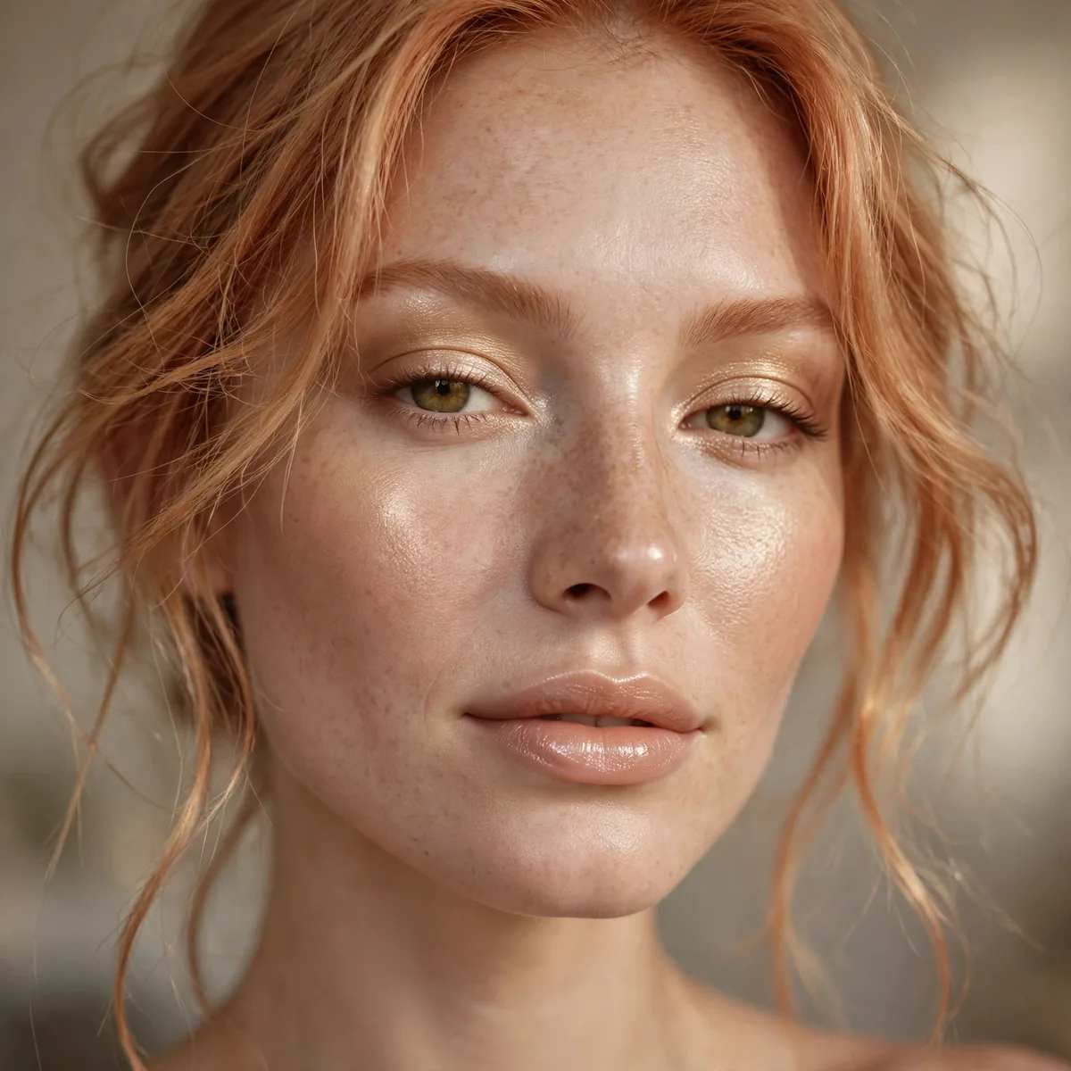 Champagne glow makeup with strawberry blonde