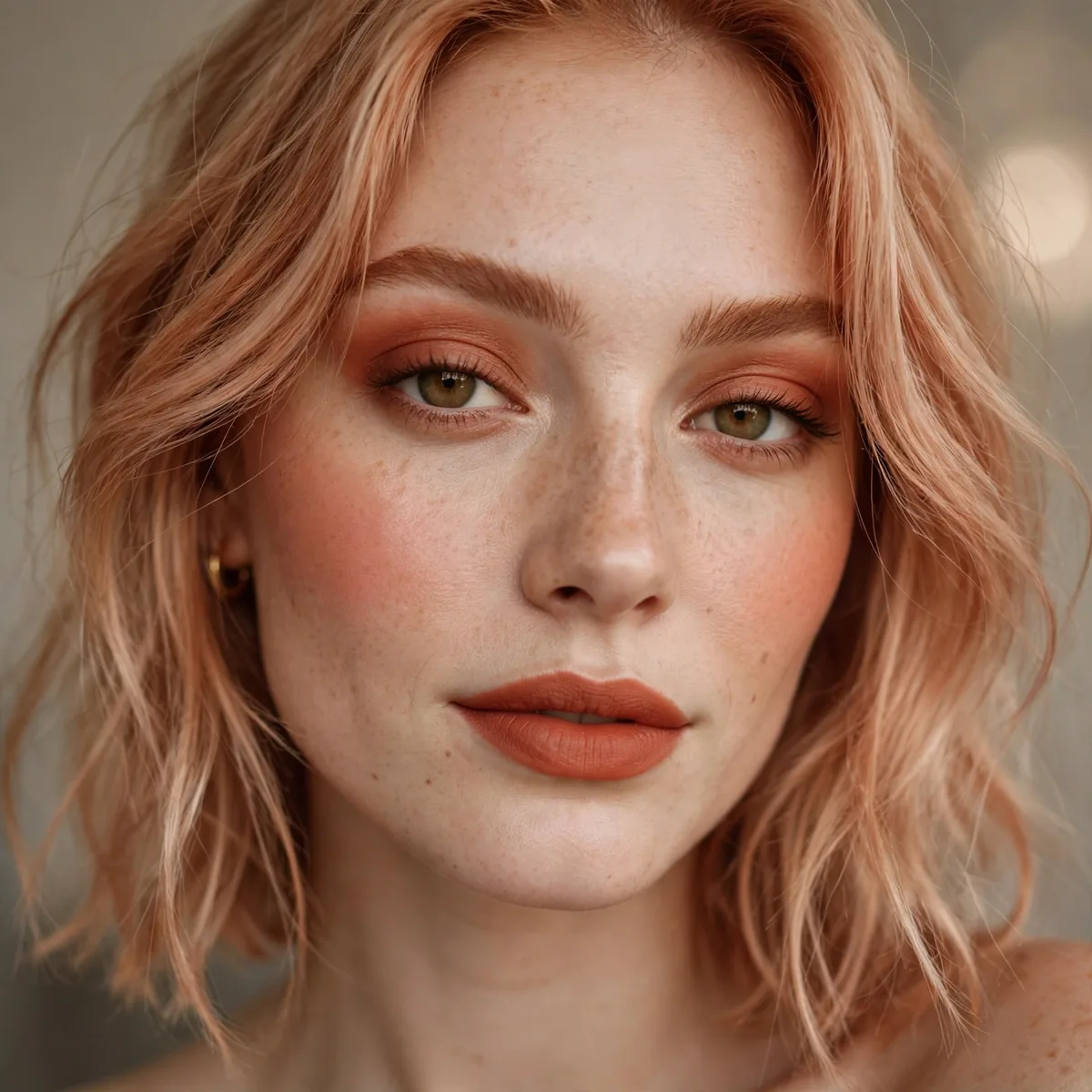 Terracotta warm makeup with strawberry blonde