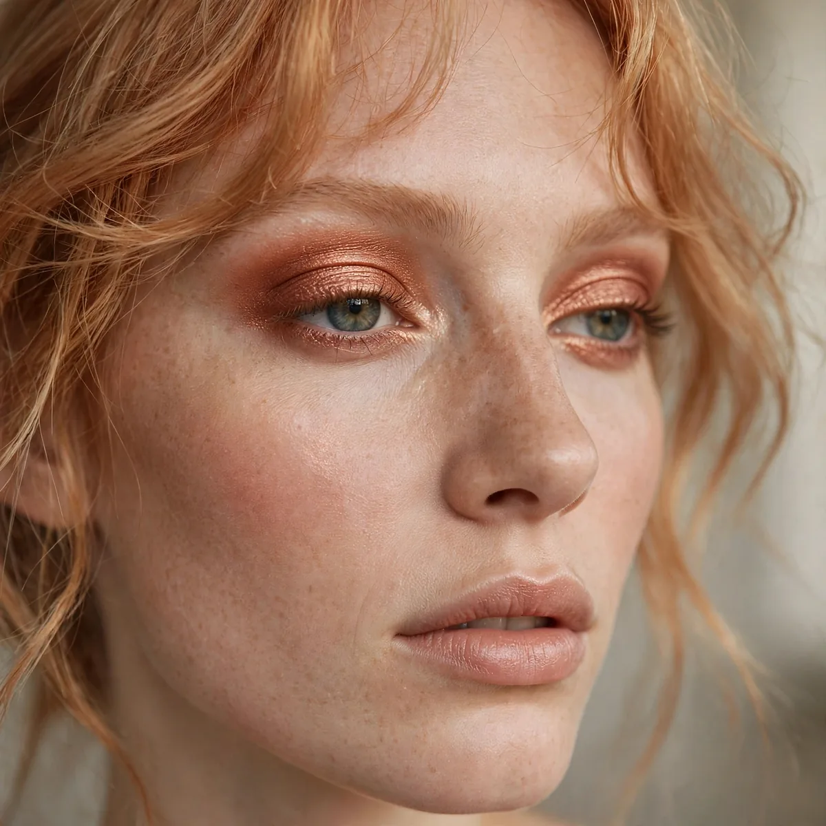 Rose gold metallic makeup with strawberry blonde