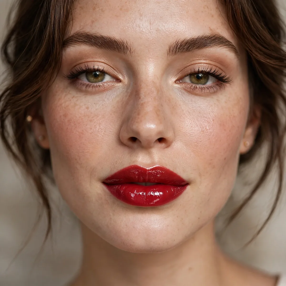 Glossy red lipstick shine look