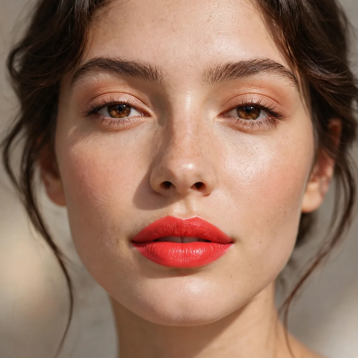 Coral-red bright lipstick look