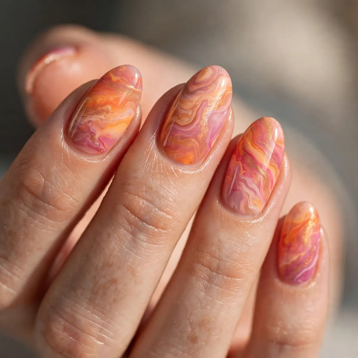 Orange pink sunset marble nails