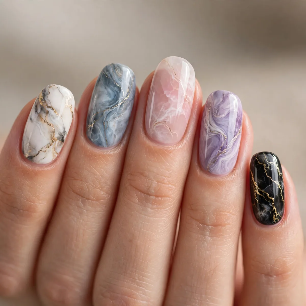 Mixed marble designs on each nail
