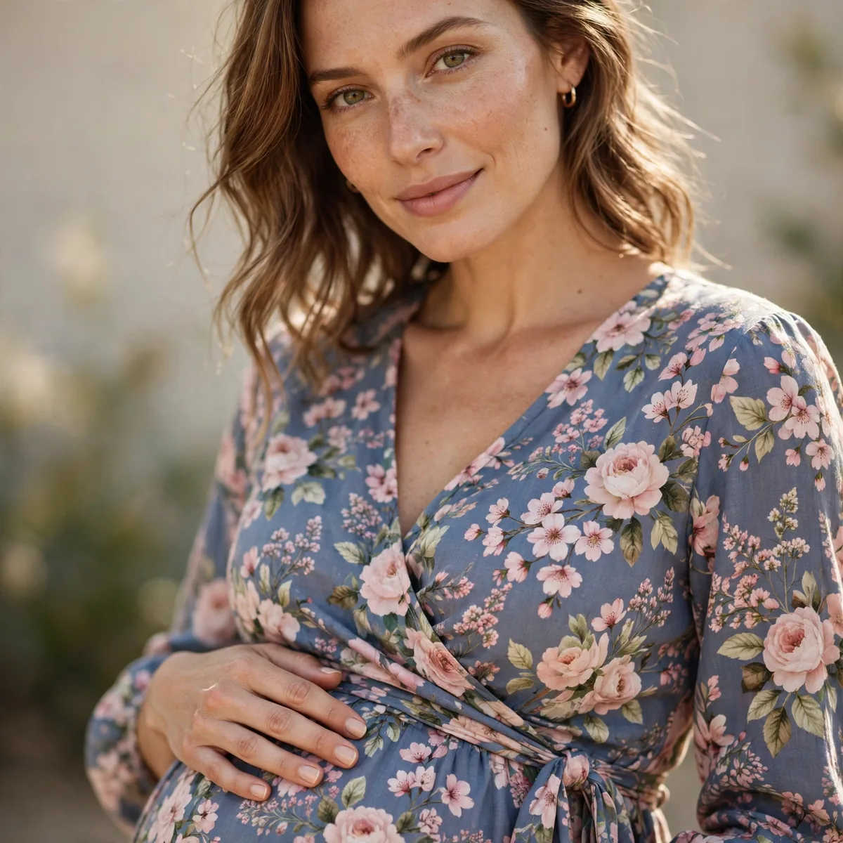 Pregnant woman in floral wrap dress
