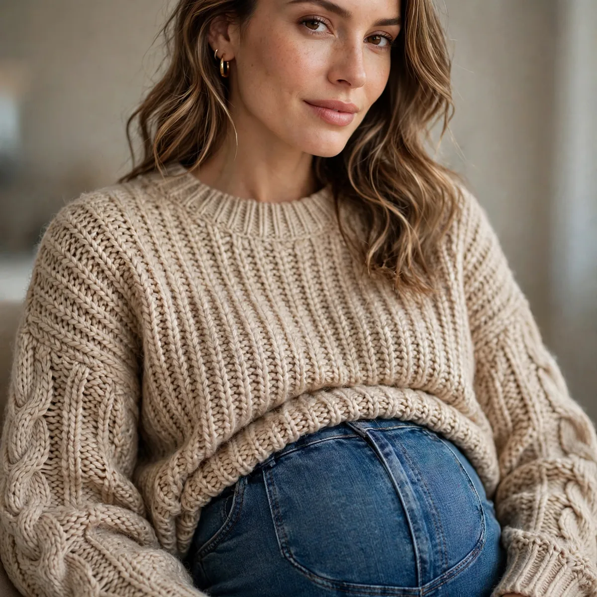 Maternity jeans with cozy knit sweater