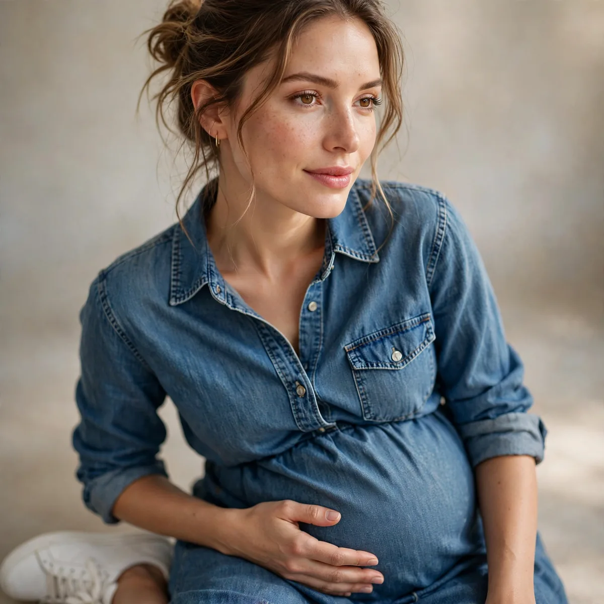 Denim shirt dress with white sneakers pregnant