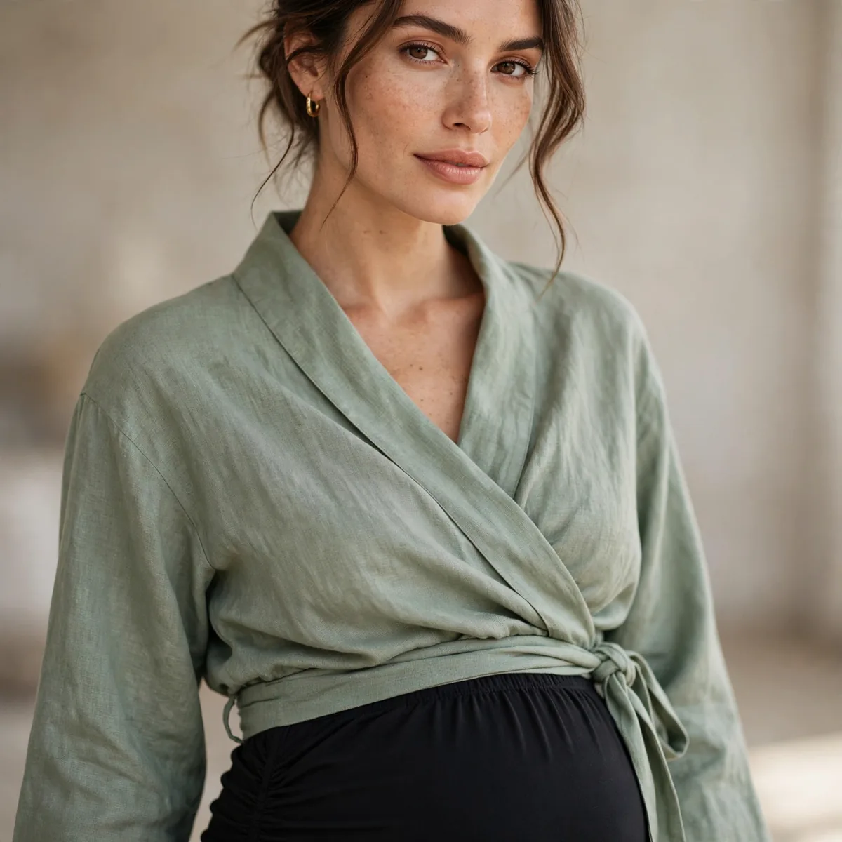 Wrap top with maternity skirt