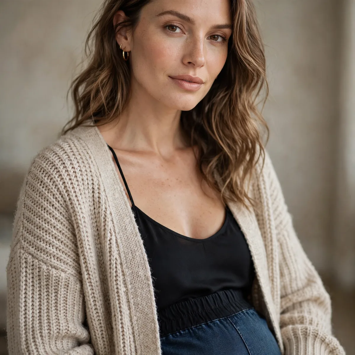 Long cardigan with cami and maternity jeans