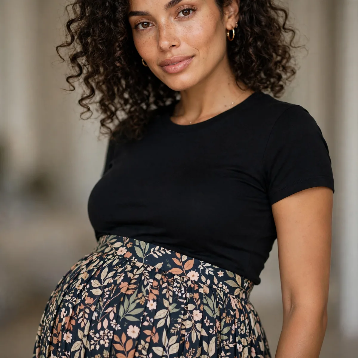 Printed midi skirt with black tee pregnant