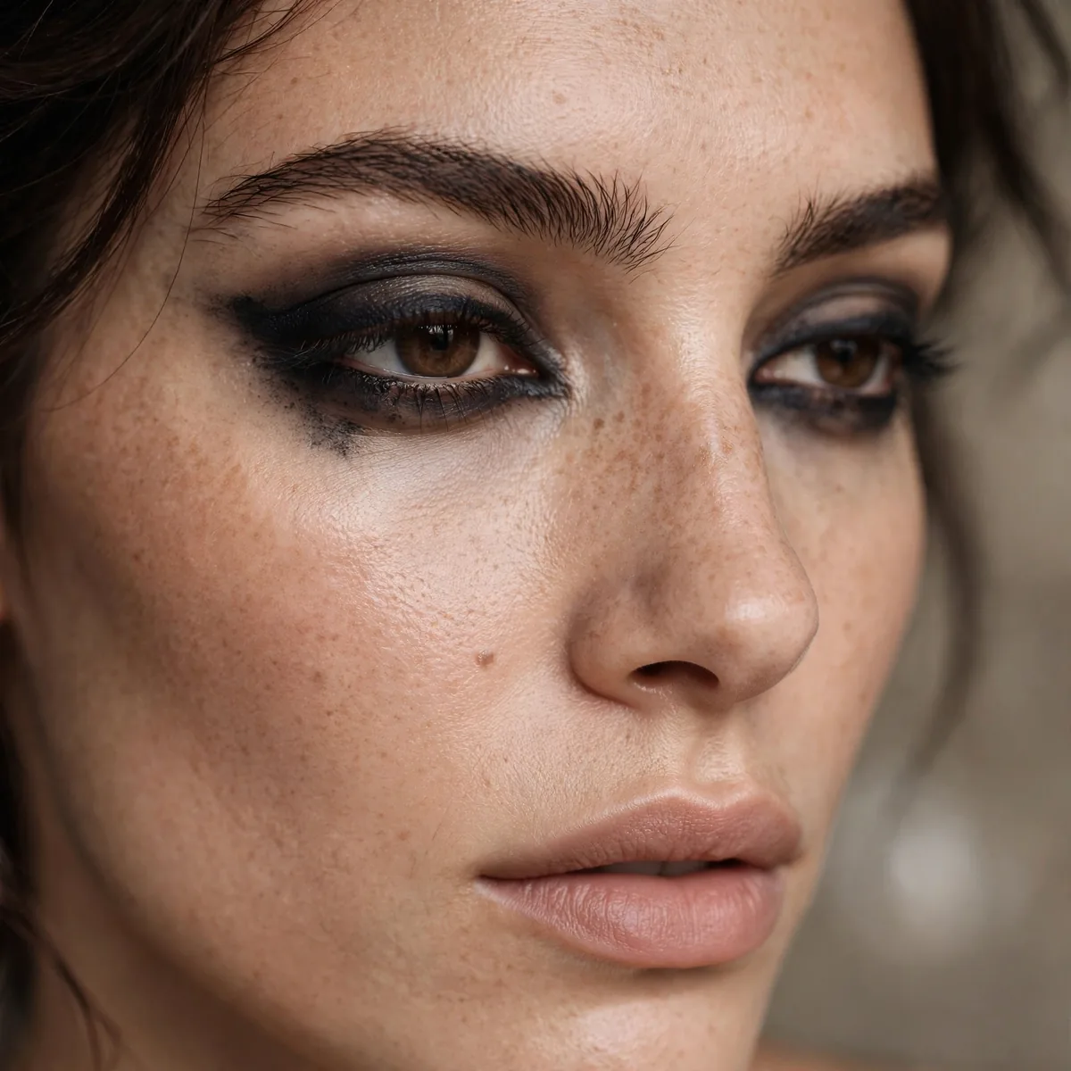 Smudged matte eyeliner on hooded eyes