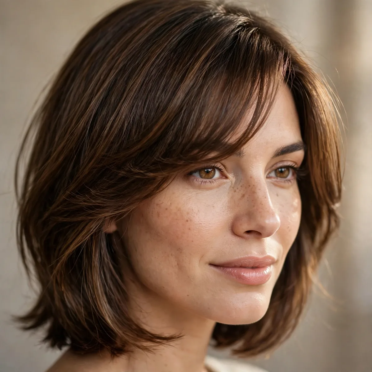 Medium haircut with side-swept bangs