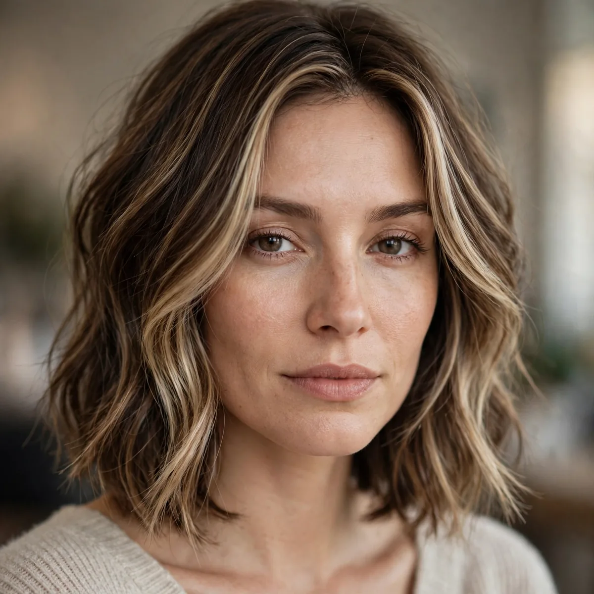 Medium haircut with face-framing highlights