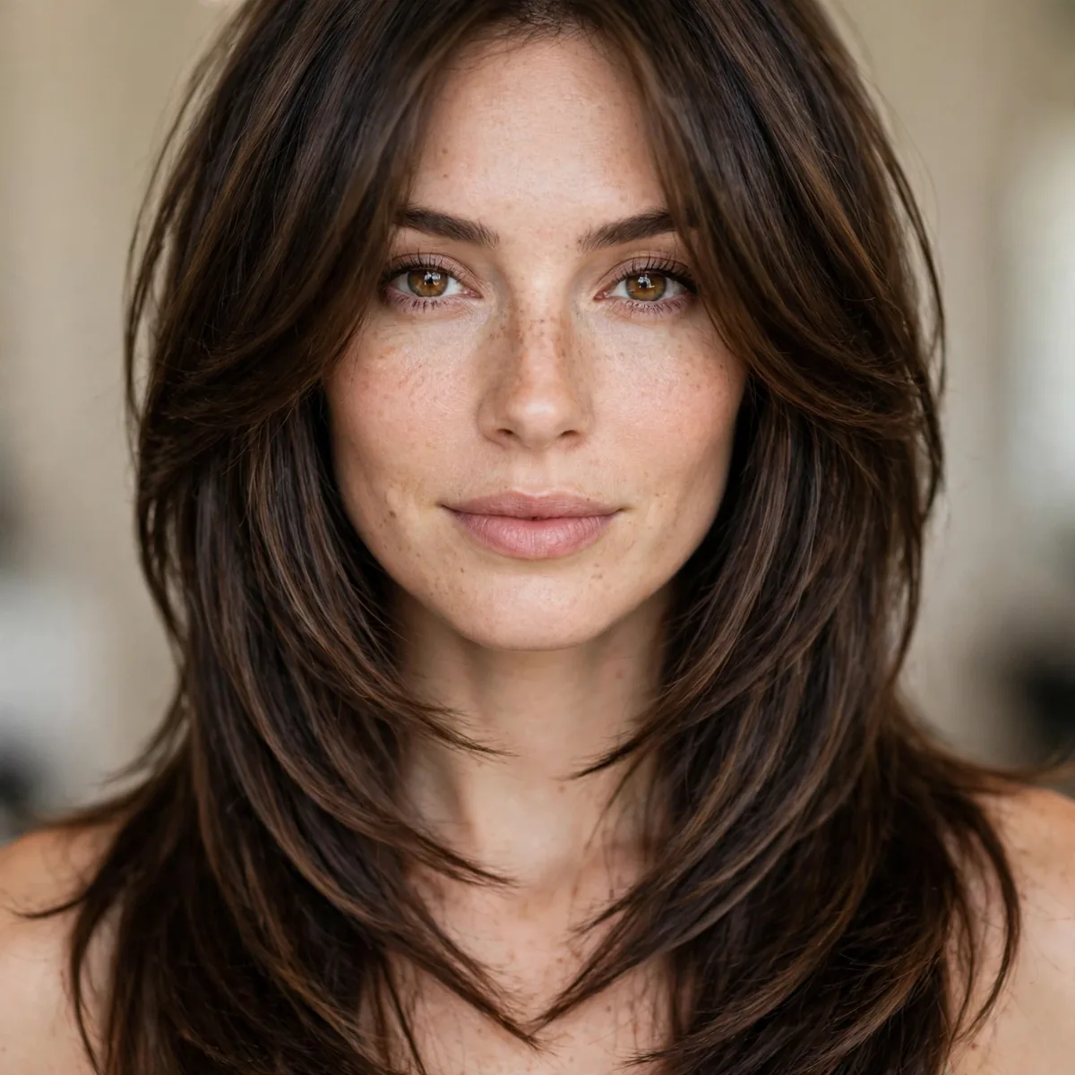 V-cut layered hairstyle