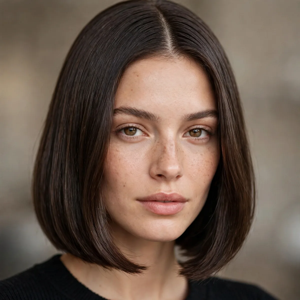 Center-part sleek lob on oval face