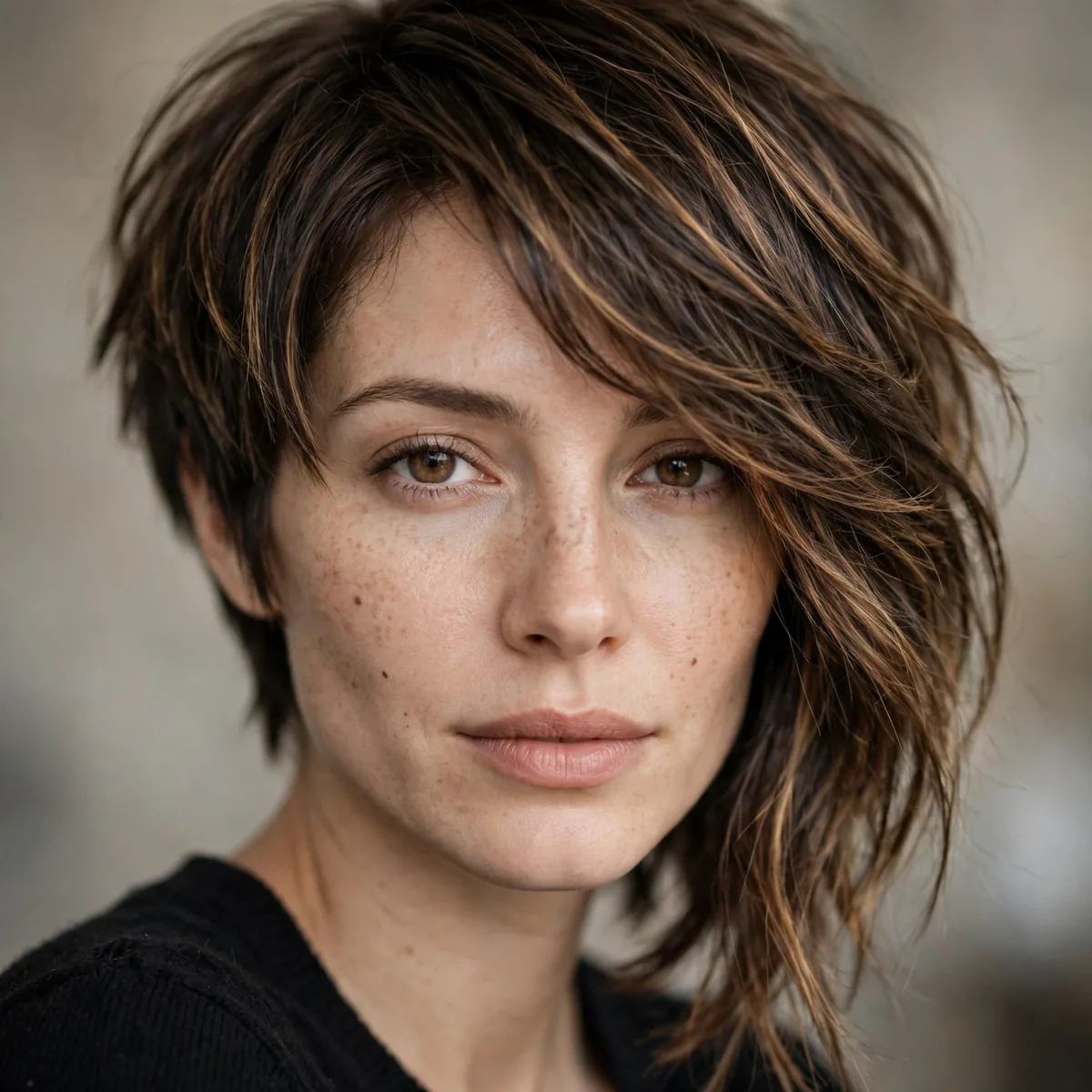 Asymmetrical medium cut on oval face
