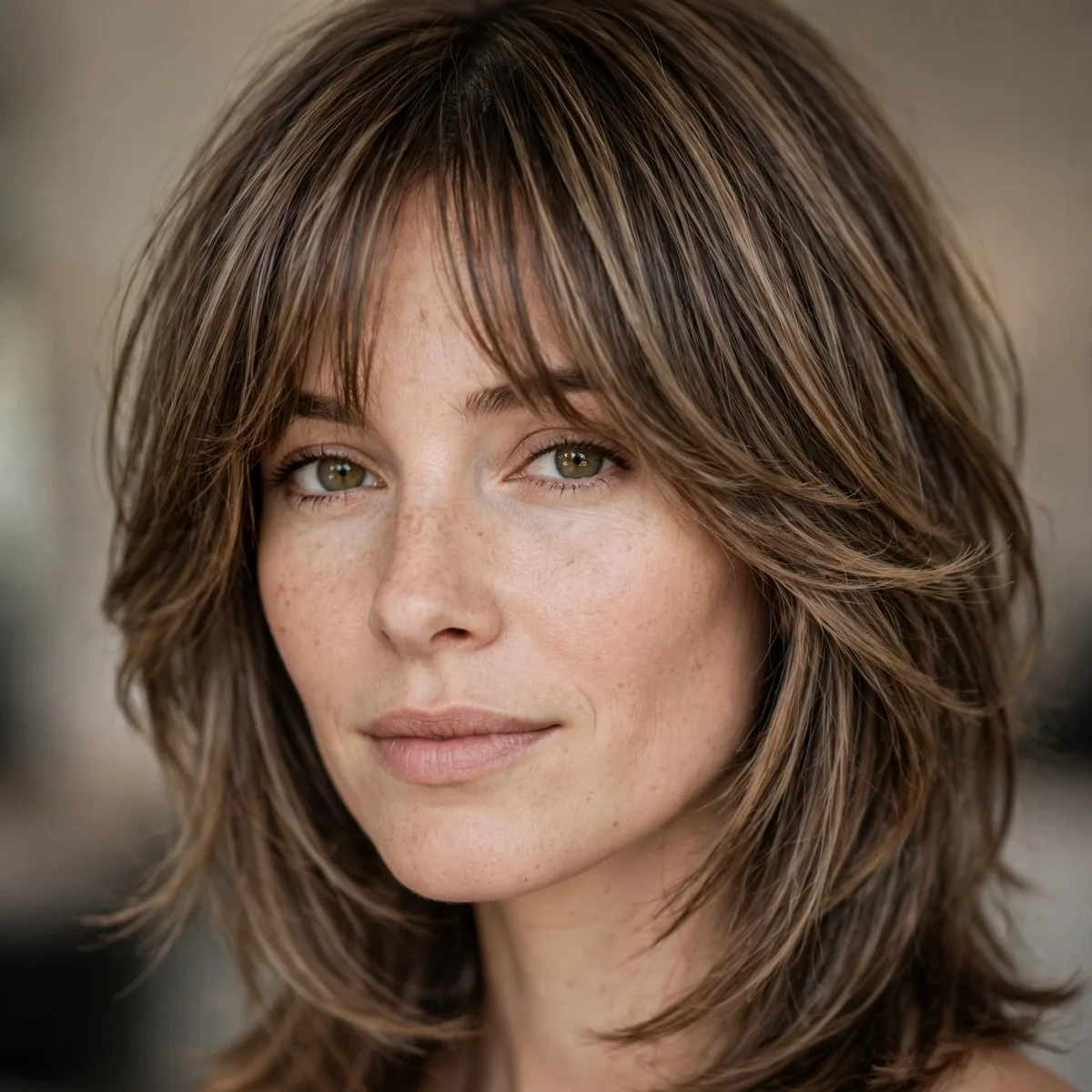 Curtain bangs with layered medium hair