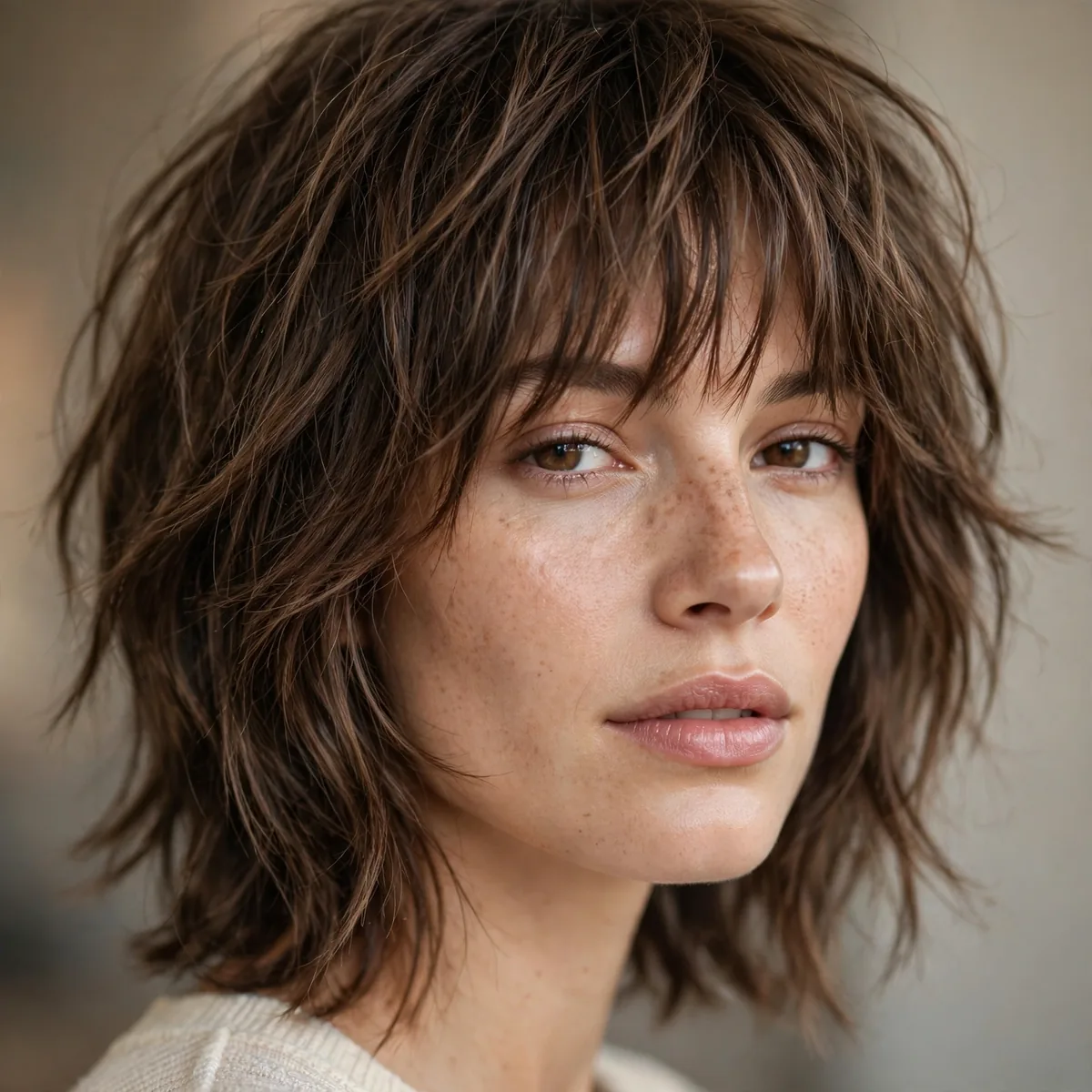 Textured shag bangs with medium hair