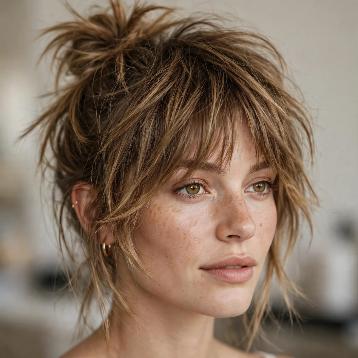 Shag styled in messy top knot