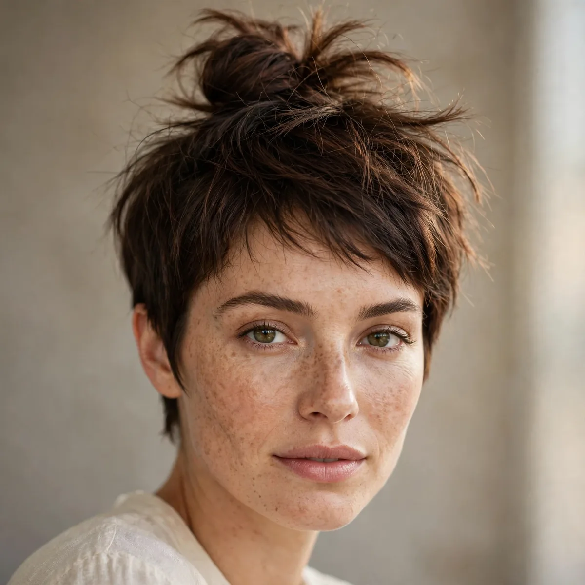 Top knot messy bun on pixie-length hair