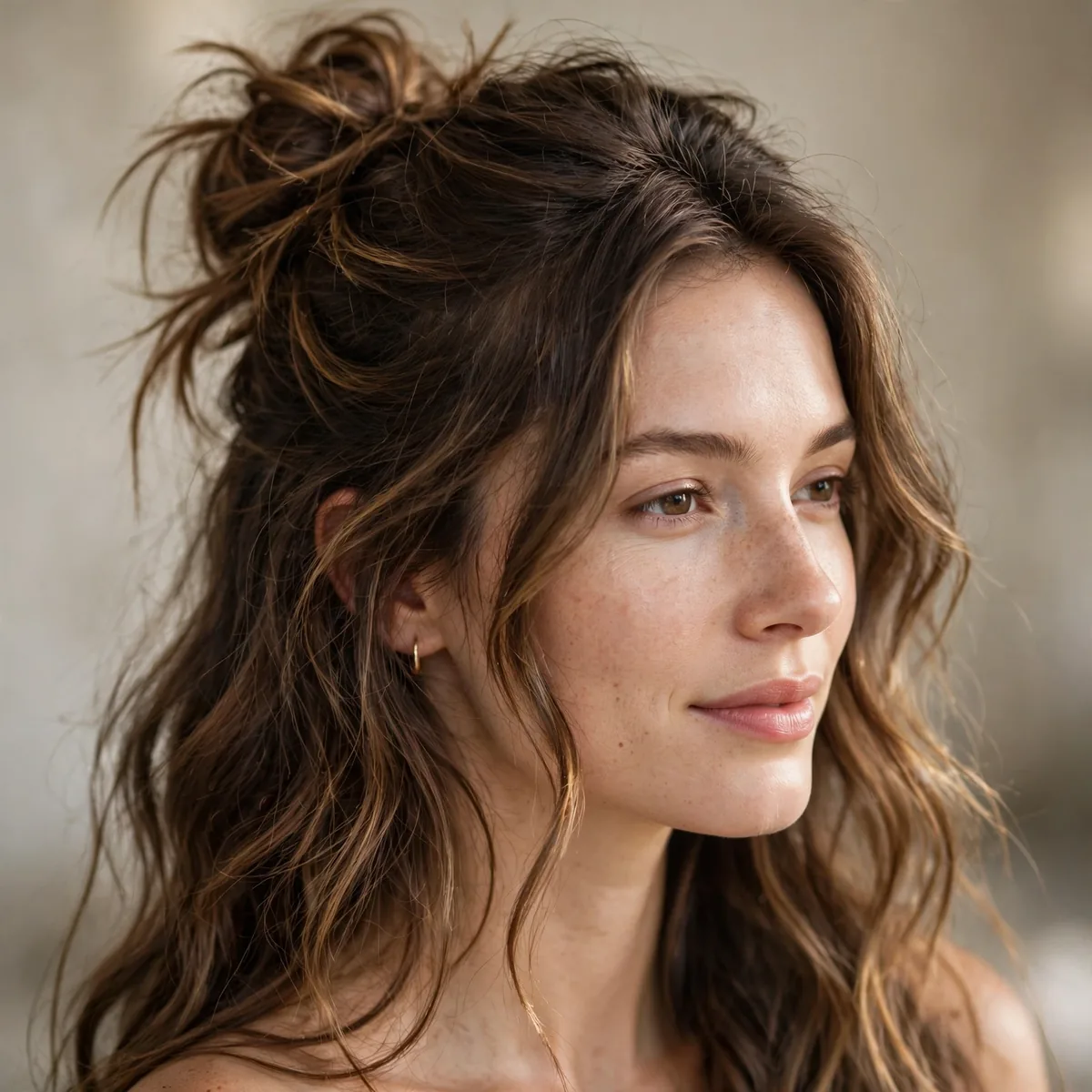 Half-up messy bun hairstyle
